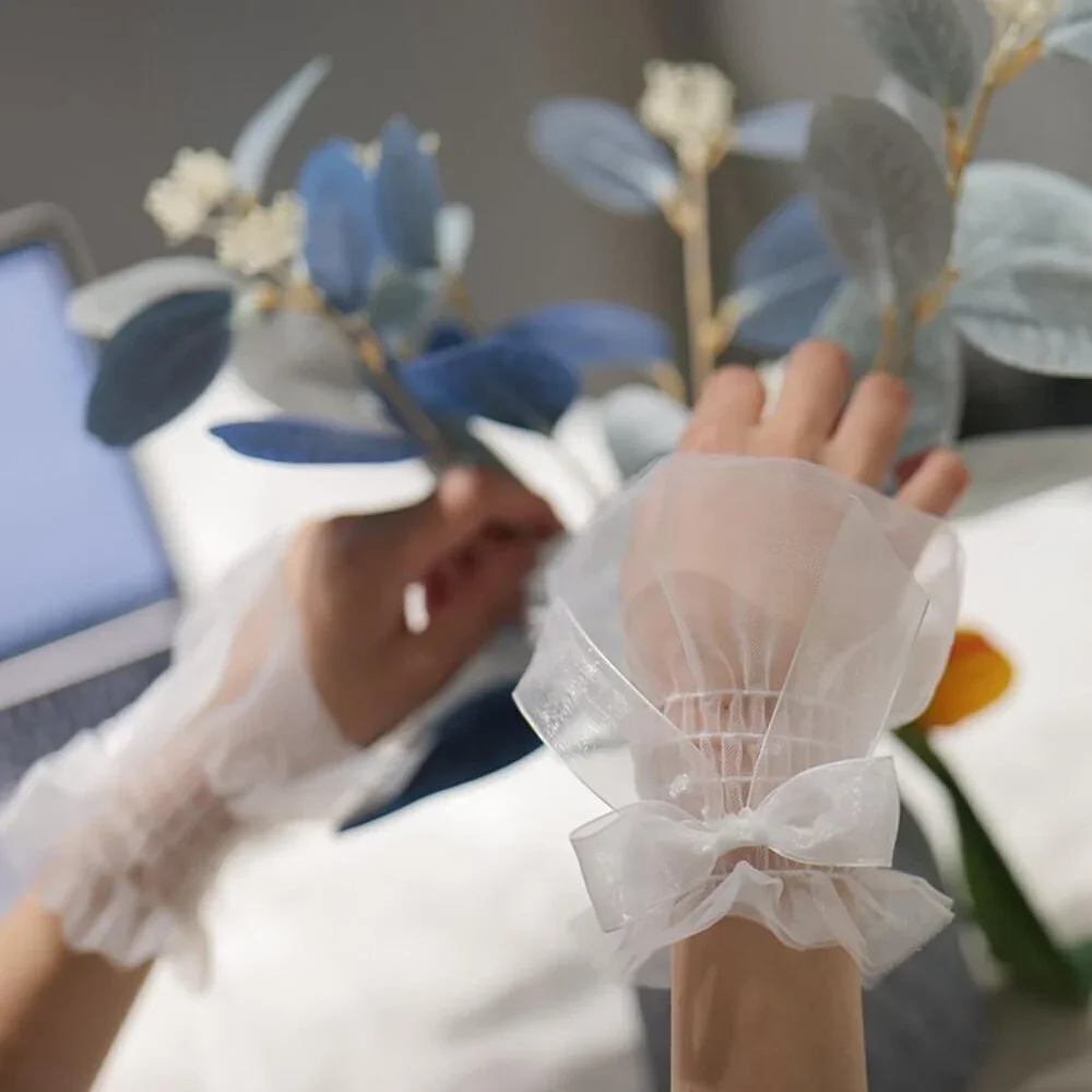 Women's Bow Lace White Wrist Cuff Hand Sleeve Gloves Wedding Party Decoration
